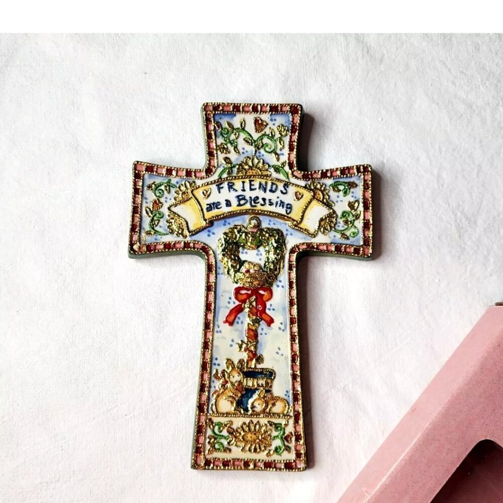 Shelly Rasche Roman Inc 7” Porcelain “Friends are a Blessing” Cross 2005 and Box